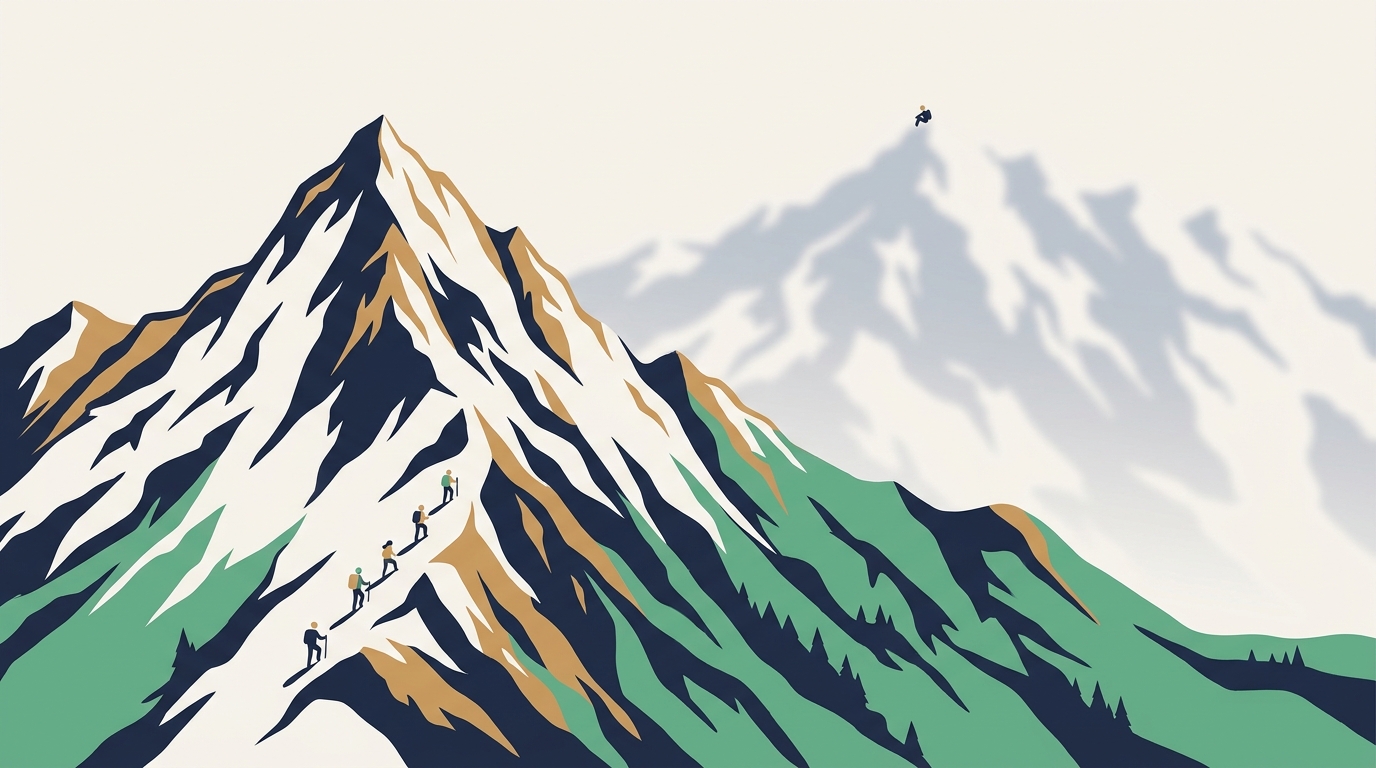 Climber silhouetted on a snowy mountain ridge against blue sky