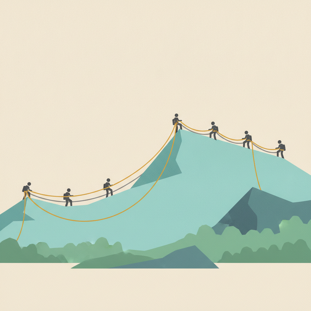 Climber silhouetted on a snowy mountain ridge against blue sky