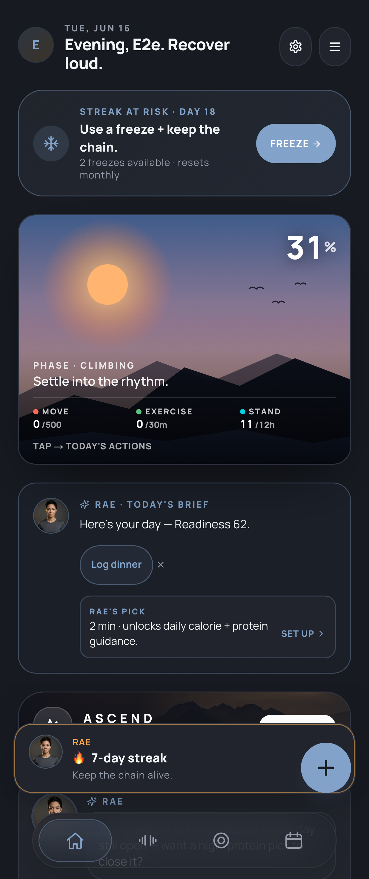 Open the app, see the whole climb — Ascend app screen
